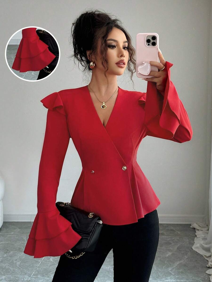 Selianne New Vintage Style Women's Red Long Sleeve V-Neck Ruffle Trim Metal Button Decor Blouse - Red - View 1