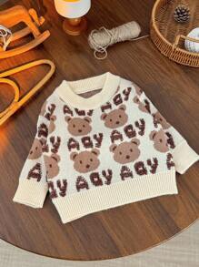 SHEIN Unisex Toddler 3D Bear & Letter Intarsia Knit Pullover Sweater Autumn Winter Clothes FoGirlen - Beige - View 2