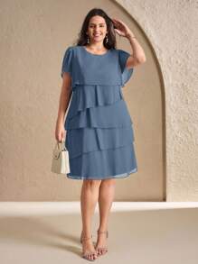 Chikora Vestido Elegante de Cor Sólida Multicamadas, Plus Size, Verão - Azul Empoeirado - Visão 6
