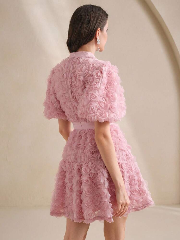 Women's Sweet & Elegant Bubble Sleeve Dress, Slim Fit, High-Quality French Style, Suitable For Spring/Summer, Valentine's Day, Birthday