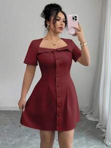 Elenzga 大码女式法式优雅前扣翻领短袖迷你连衣裙，通勤装，春夏 - 紫紅色 - 查看 3