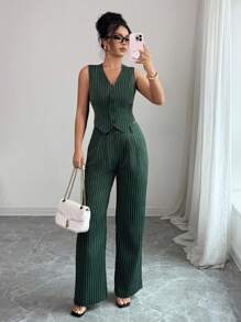 Chiquease Áo vest và quần sọc đơn dành cho nữ Bộ đồ công sở hàng ngày cho mùa hè - Màu xanh lá cây đậm - Xem 6