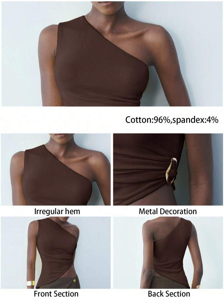 SHEIN Maija Women's Asymmetrical Hem Metal Decor One Shoulder Sleeveless Fitted Short Blouse, Multi-Purpose Fashionable Unique Design Coffee Color Vintage-Chic Business Casual Top Business Casual Women's Wear, Office Wear, Low-Key Old Money Style, Effortless Temperament, High-End Urban Commuting, The Same Style As The Editor-In-Chief Of The Magazine, Urban Social Vacation Party Wear, Charming, Low-Key And Durable Basic Style, Versatile And Not Picky Clothing, Street Fashion Wear, Clothing, Coffee Shop