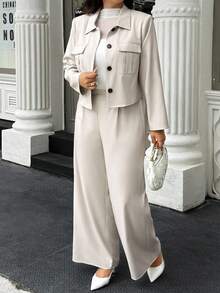 Easura Ensemble 2 pièces grande taille, veste et pantalon décontracté de couleur unie