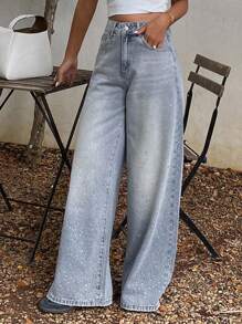 DAZY Quần Jeans Ống Rộng Trang Trí Đính Đá Pha Lê Thời Trang Thường Ngày Cho Nữ - Rửa nhẹ - Xem 5