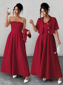 Elenzga 大码优雅女装时尚百搭文艺优雅淑女两件套：短袖夹克 + 长裙，适合夏季、返校、毕业典礼、节日、情人节、音乐节、母亲节、万圣节、感恩节、复活节、国庆节、舞会、约会、派对、郊游 - 紅色 - 查看 1