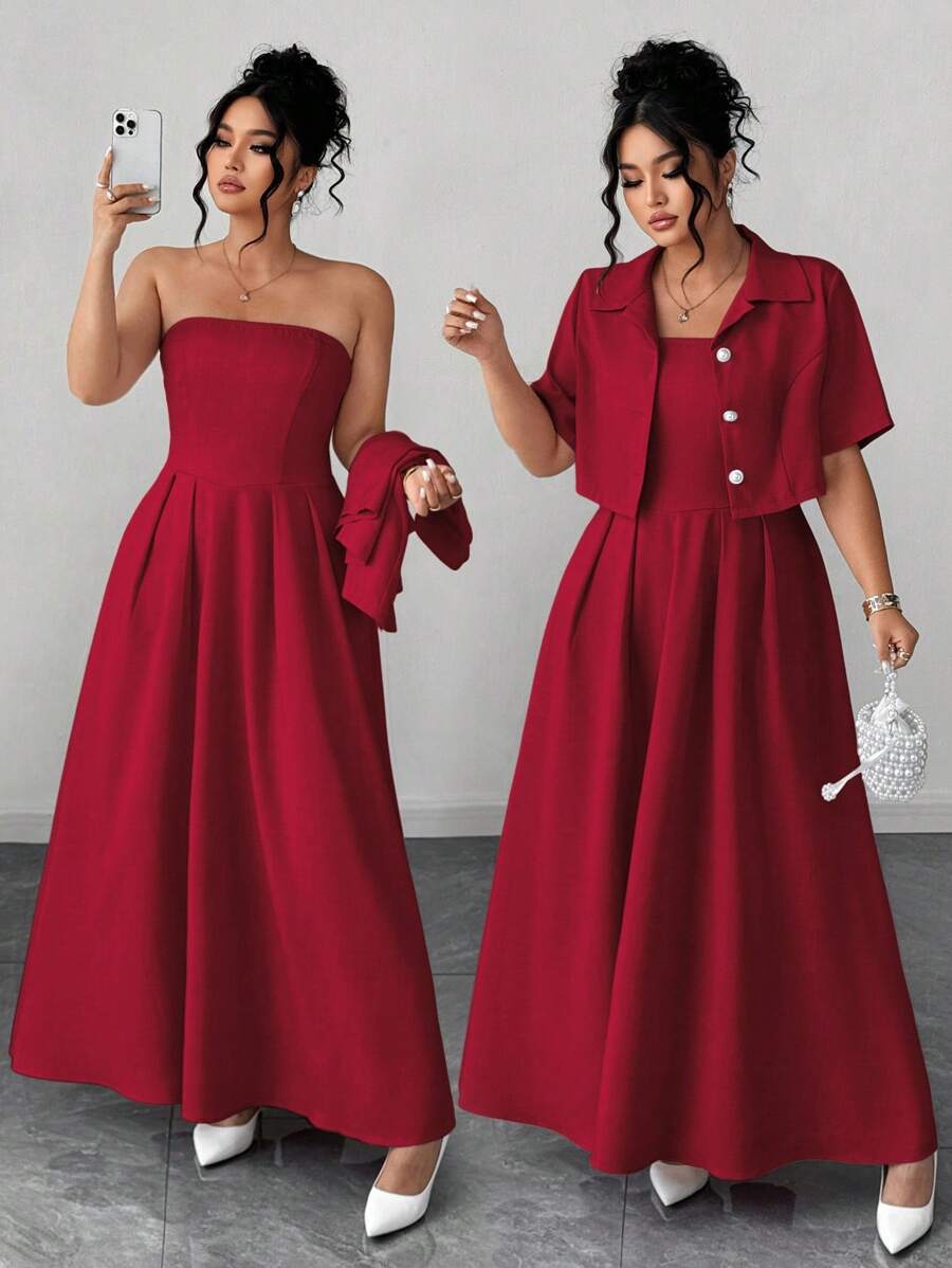 Elenzga 大码优雅女装时尚百搭文艺优雅淑女两件套：短袖夹克 + 长裙，适合夏季、返校、毕业典礼、节日、情人节、音乐节、母亲节、万圣节、感恩节、复活节、国庆节、舞会、约会、派对、郊游 - 紅色 - 查看 1