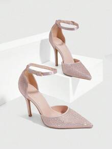 CUCCOO SZL Women's Pointed Toe Rhinestone Embellished Ankle Strap Stiletto High Heel Party Pumps, Champagne Color, Pink - Champagne - View 2
