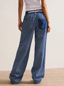 Bohemela 大码休闲水洗条纹直筒裤 - 深色水洗藍 - 查看 7