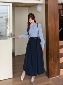 DAZY Đầm dài tay kiểu Hàn Quốc kẻ sọc phối vải dành cho nữ. - Màu xanh lam - Xem 3