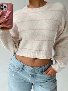 FavEase 女式条纹落肩长袖短款休闲套头衫针织套头衫秋冬 - 彩色 - 查看 3