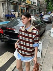 DAZY 女士条纹休闲韩版短袖T恤，适合返校季 - 咖啡棕 - 查看 8
