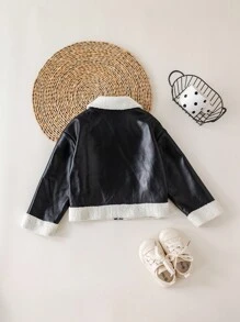 Young Girl Colorblock Thermal Lined Long Sleeve Jacket, Versatile For Autumn/Winter Fall - Black - View 2