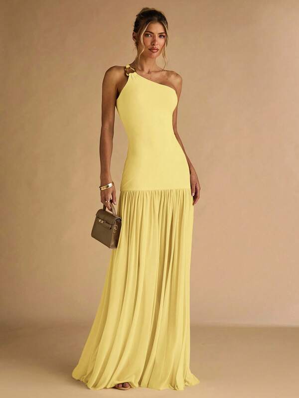 SHEIN BAE Vestido ajustado elegante de mujer con hombro asimétrico, hebilla metálica decorativa y bajo transparente en color albaricoque