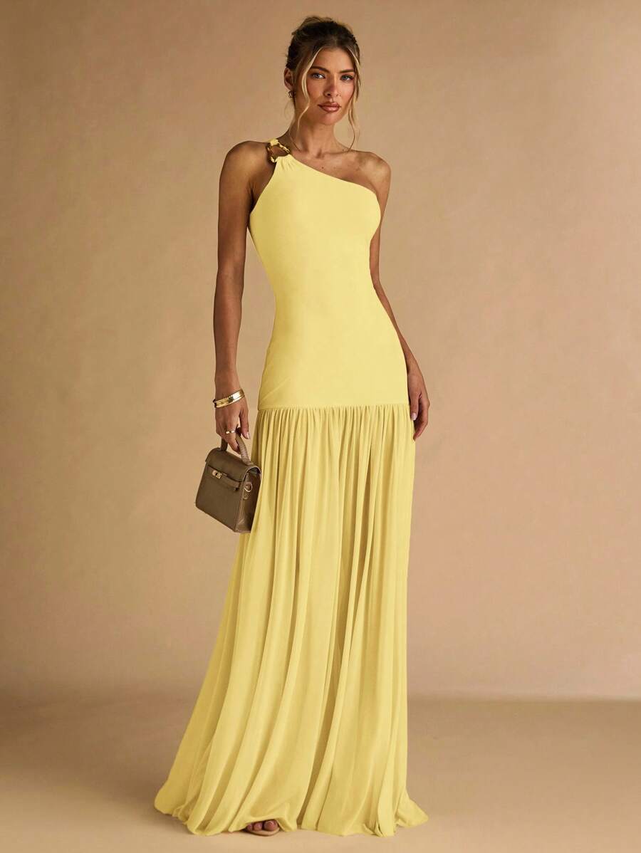 SHEIN BAE 女士杏色不对称肩部金属扣装饰紧身连衣裙，透明下摆，优雅 - 黃色 - 查看 1