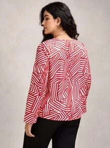 Zelara Blusa casual de talla grande para mujer con cuello en V, mangas raglán y patrón geométrico de bloques de color, blusas de trabajo de talla grande, blusas de trabajo para mujer de talla grande - Rojo y blanco - Ver 2