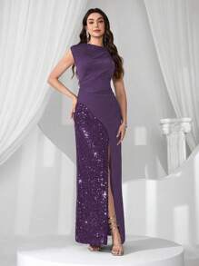 Coutiva Váy dạ hội cao cấp, váy dạ hội khiêu vũ có miếng vá sequin, phong cách quý cô sang trọng thanh lịch - Màu tím - Xem 8