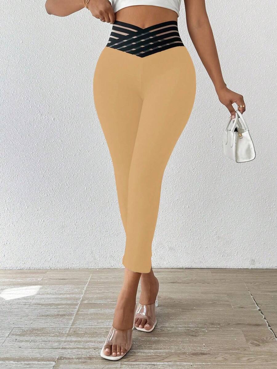 SHEIN Clasi Women's Waist Mesh Patchwork Skinny Fashion Pants - Apricot - View 1