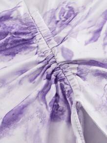 SHEIN MOD 带侧抽绳的抹胸，不对称下摆，复古印花抹胸，秋季上衣，上衣，外出上衣，紧身上衣 - 紫色 - 查看 5