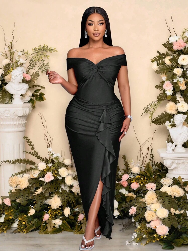 formal wedding guest dress black SOLERSUN Women's Plus Size Summer Elegant Evening Dress,Sleeveless Off Shoulder Front Twist Ruffle Front Slit Side Gathering Knitted Shiny prom dress