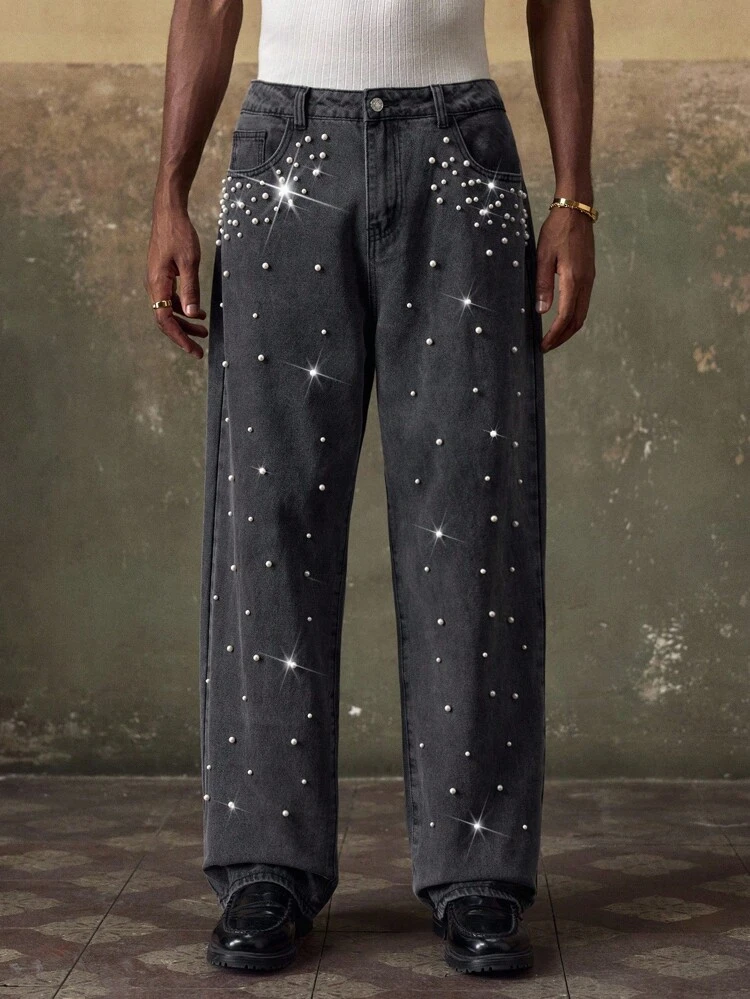 Men's Faux Pearl Decor Casual Straight Leg Jeans, Suitable For Summer, Vacation, Casual, Party, Couples, Father's Day Gift