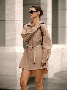 Hanevo Women's Casual Shirt Dress With Button And Belt Fall Cloth For Women - Khaki - View 1