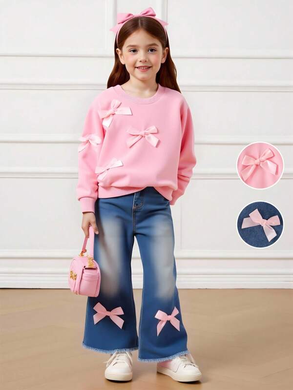 Set de 2 piezas para niñas (talla pequeña) con sudadera de manga larga cuello redondo rosa con moño y pantalones acampanados de mezclilla, conjunto de moda, dulce y lindo para otoño/primavera
