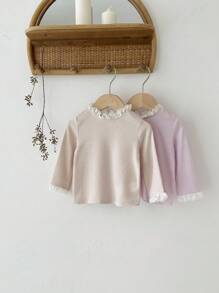 SHEIN 2 件女婴休闲可爱蕾丝设计针织长袖上衣，适合秋冬季日常穿着，百搭 - 彩色 - 查看 3
