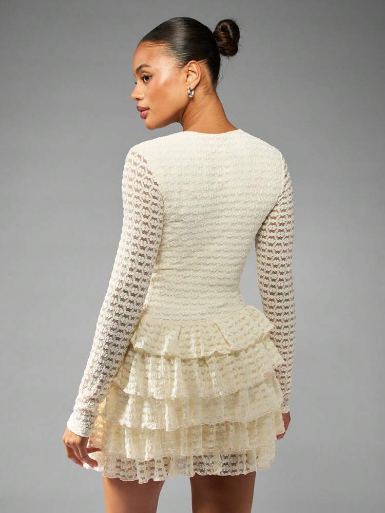 MISSGUIDED Ruffled Tier Mini Dress Crochet Lace Pearl Button Front Party Wedding Guest Formal Winter Long Sleeve Holiday Special Occasion