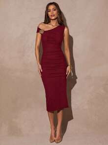 Silquee 女士优雅不对称领口修身连衣裙，夏季 - 酒紅色 - 查看 7