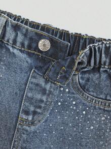 2pcs/Set Girls Casual Comfortable Vacation Fashion Street Chic Cute Washed Soft Non-Stretch Loose Denim Long Pants And Cropped Camisole Vest, Lightweight Summer Fall Winter - Dark Wash - View 8