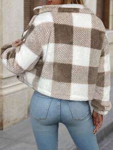 Editum Women's Reversible Plaid Fleece Jacket With Collar In Fall/Winter Spring Summer Elegant - Khaki - View 2