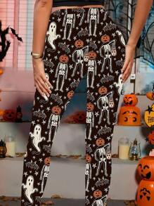 INAWLY Leggings femininas com estampa de esqueleto e fantasma para Halloween - Multicolorido - Ver 2
