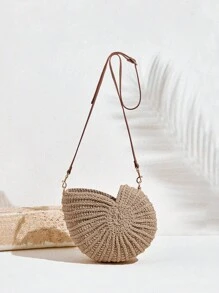 SHECARRY 1pc Women's Woven Shoulder Bag, Large Capacity, Beach Vacation - Coffee - View 6
