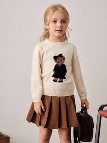 PrepCrw Young Girls' Collegiate Style Bear Graphic Crew Neck Sweater Little Girl School Clothes Kids Brown Skirts Girl Clothes Autumn And Winter Clothes Girls White Sweater With Bear Girls Pleated Skirt Fall - Multicolor - View 6