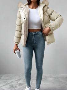 毛絨裝飾連帽棉裝外套,側邊口袋設計 - 白色 - 查看 3