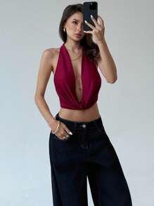 Aloruh Halter Tie Sexy Deep V Backless Chain Music Festival Sexy Babe Women Tank Top - Baby Pink - View 7