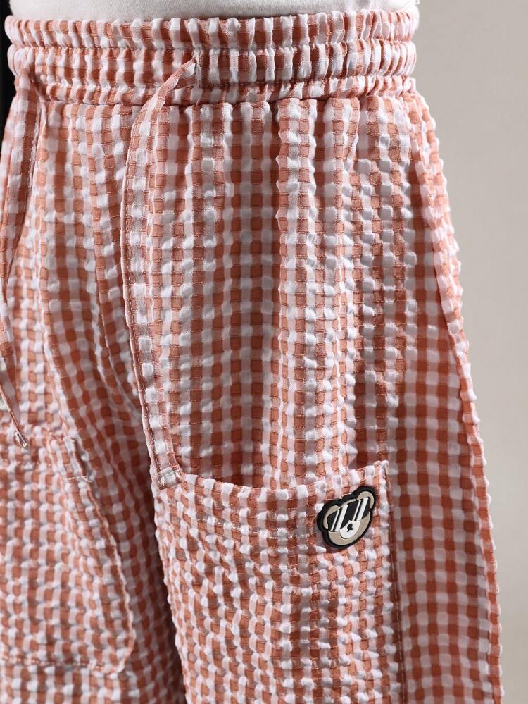 Gingham Check Wide Leg Pants With Side Pockets