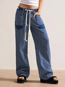 Bohemela 大码休闲水洗条纹直筒裤 - 深色水洗藍 - 查看 5