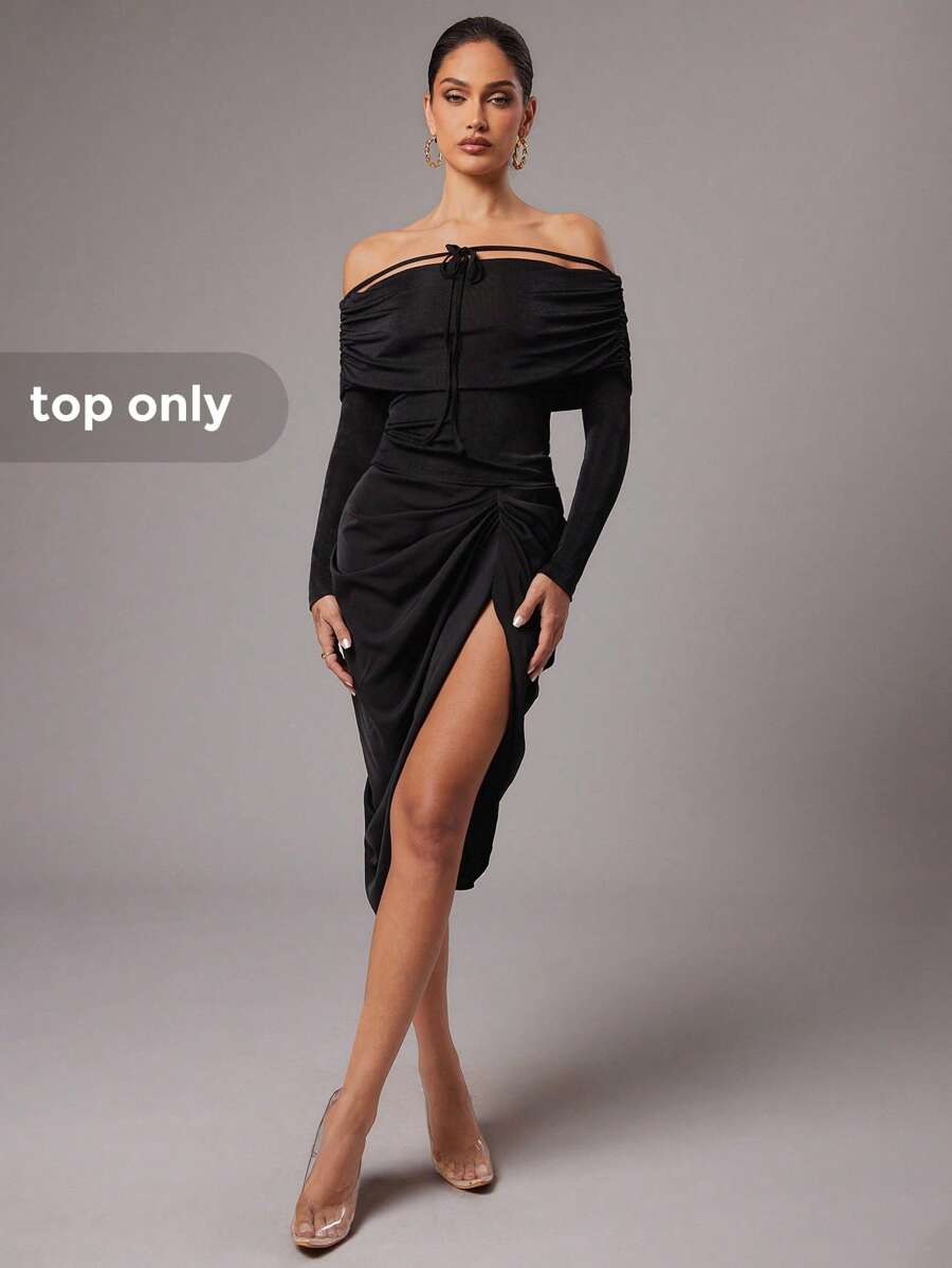 Silquee Women's Black Elegant Off-The-Shoulder Tops,Autumn Slim Fit Glitter Knitted Pleated Front Strap Long Sleeve Shirt For Night Out,Party,Date Night Wear - Black - View 1