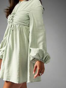 MISSGUIDED Long Sleeve Empire Waist Mini Dress Corset Style Ruched Front Party Cocktail Wedding Guest Spring Summer Fall Fashion