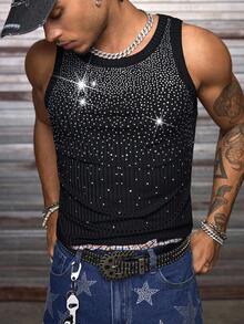 AXEPEAK 男士水钻装饰圆领修身背心 - 黑色 - 查看 4