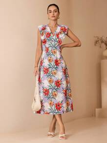 Shutterstock Glamance Women's Floral Print Ruffle Hem Romantic Vacation Dress Floral Midi Dress Midi Summer Dress Floral Dress Date Night Outfits Women Casual - Blue - View 3