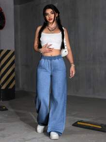 SHEIN PETITE 女士松紧腰直筒宽松休闲牛仔裤 - 淺色水洗藍 - 查看 3