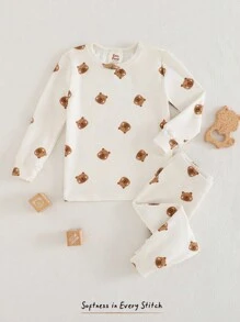 Cozy Pixies 少女卡通熊印花针织柔软圆领长袖上衣和松紧腰长裤两件套舒适睡衣套装 - 彩色 - 查看 3