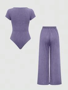 EURMUSE 2pcs/Set Summer Casual Solid Color Short Sleeve Jumpsuit - Lilac Purple - View 2