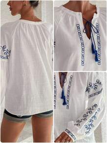 100%Cotton Linen Quality, Embroidery Detailed Balloon Sleeve Premium Quality Blouse - White - View 6