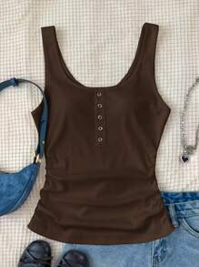 SHEIN Atasan Tank Top Kasual Putih Polos Bergaris untuk Remaja Perempuan dengan Kancing Logam dan Model Racerback Atasan Cokelat untuk Remaja Perempuan - Coklat - View 7