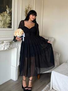 Lyrianda 全新优雅雪纺纹理波尔卡圆点蝴蝶结装饰胸围泡泡袖腰部收紧喇叭下摆连衣裙 - 黑色 - 查看 5