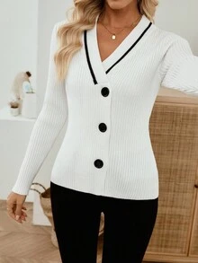 EMERY ROSE Cárdigan de mujer casual y versátil de color blanco con contraste, cárdigan de cuello en V, cárdigan acanalado, cárdigan casual de negocios para otoño, invierno y otoño con abotonadura - Blanco - Ver 6